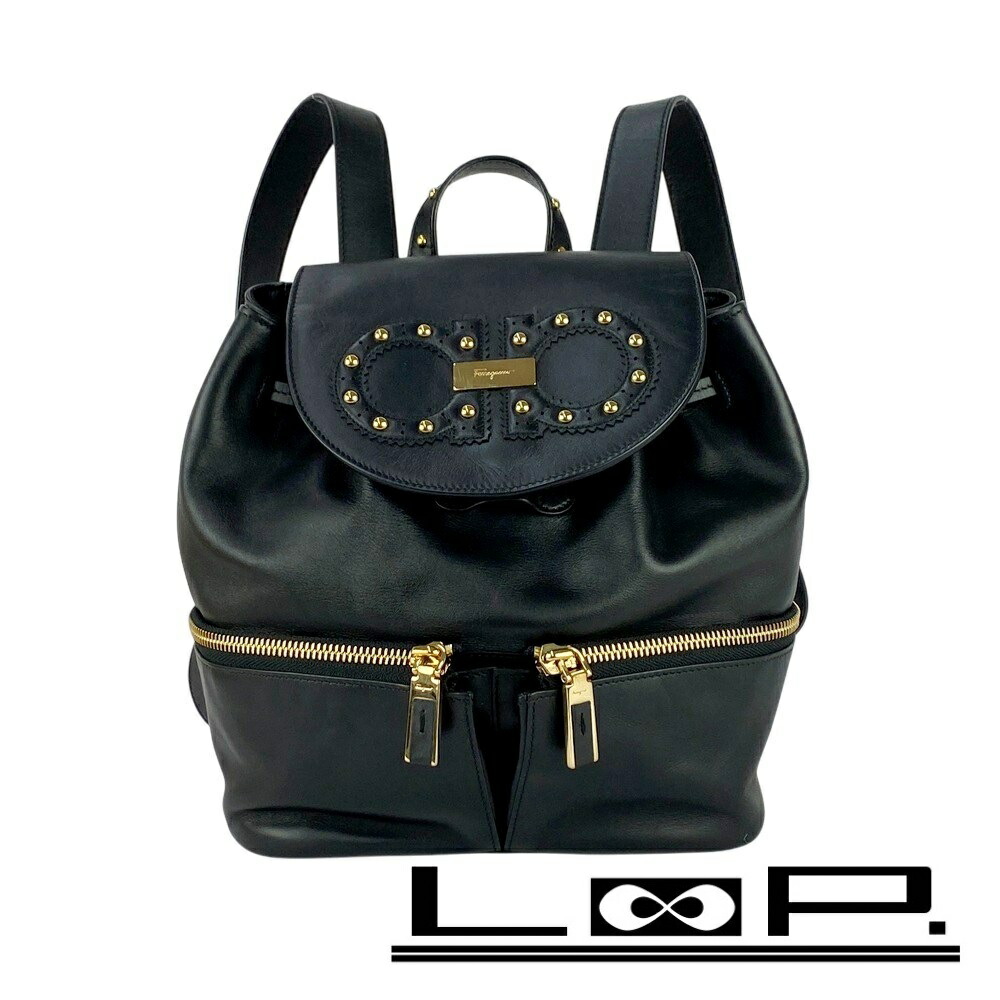 美品●フェラガモ　リュック　ガンチーニ　ゴールド金具　かご　巾着　レザー　黒色 Salvatore Ferragamo - フェラガモ リュック ガンチーニ 巾着