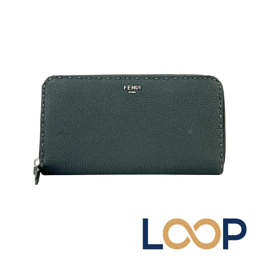 フェンディ ■美品■ セレリア ラウンドシップ 長 紙入れ ウォレット ぬい目 なめし革 薄墨色 【680120】11 【中古】