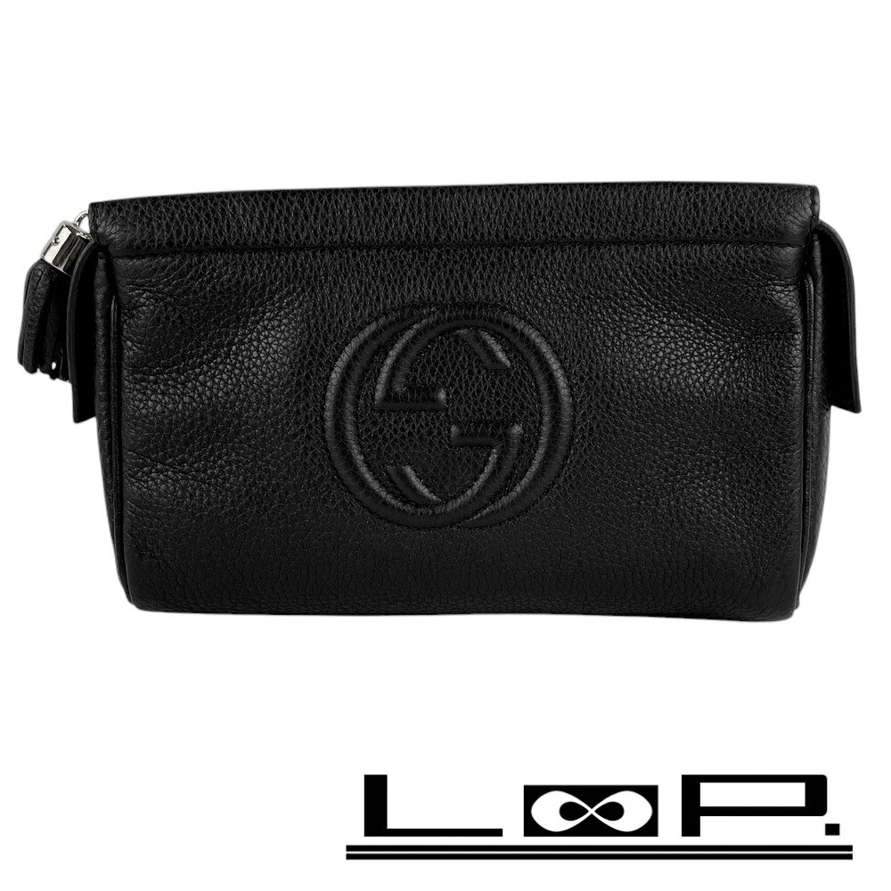 ✨グッチ 化粧ポーチ コスメポーチ 黒 GUCCI レザー シマ ブラック（黒）系 GUCCI(グッチ) ポーチ(レディース) - 海外通販