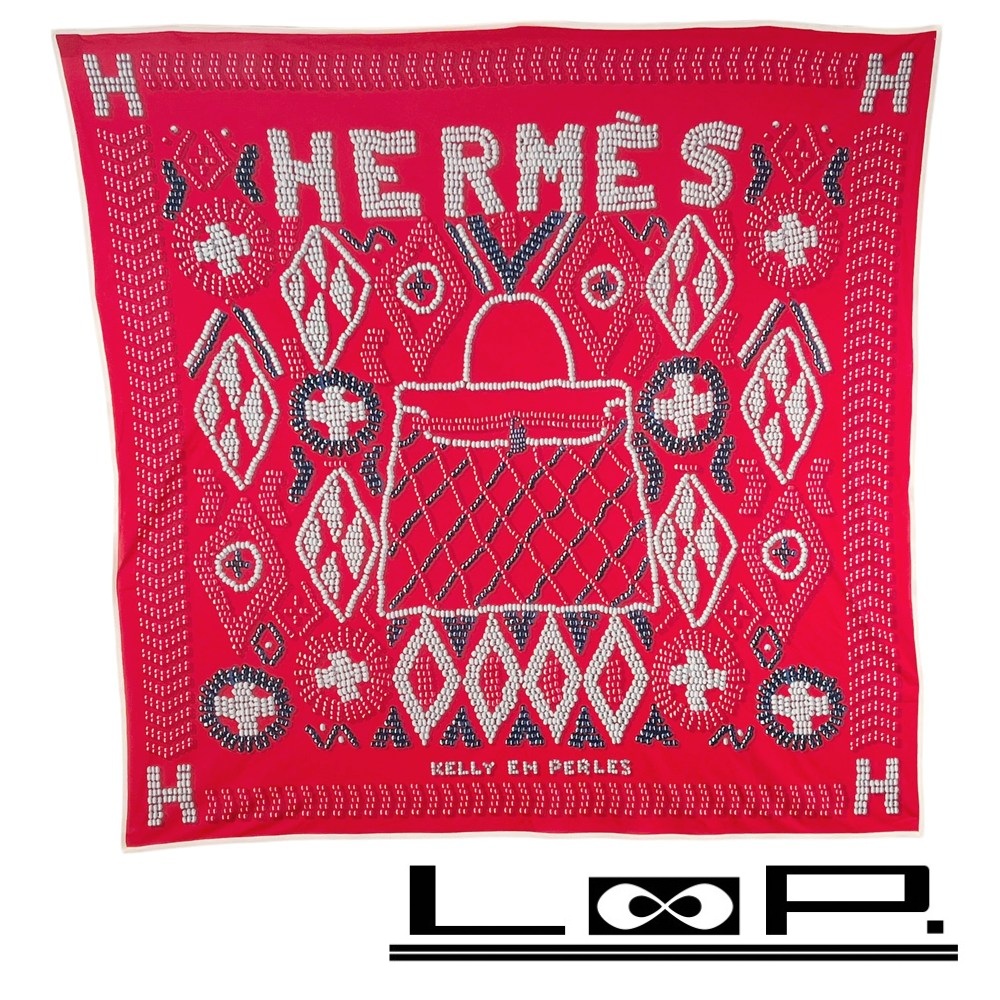 エルメス ■美品■ カレ 90 KELLY EN PERLES ケリー アン ペルル スカーフ ファッション シルク レッド 箱 【591723】9 【中古】