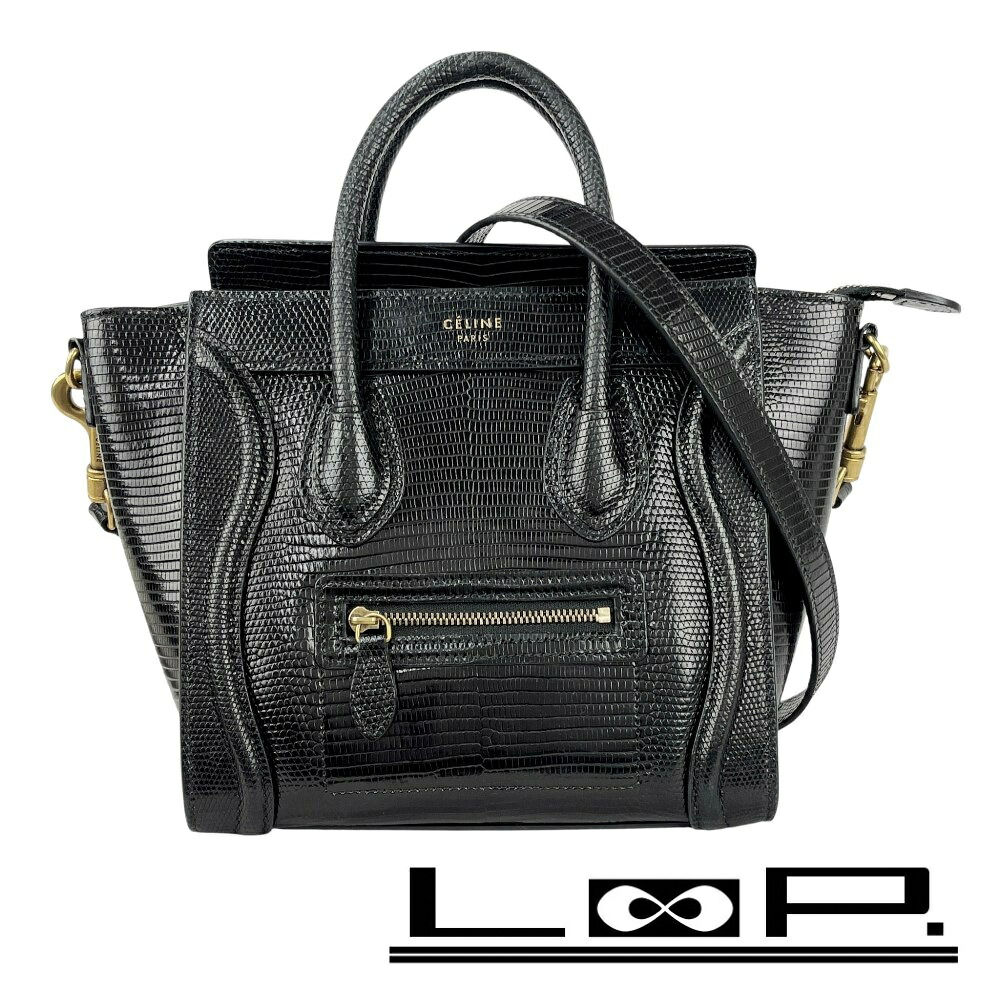 ◆SALE◆ セリーヌ ■美品■ ラゲージ ナノショッパー 2WAY ハンド ショルダー バッグ リザード ブラック 【545924】13 【中古】