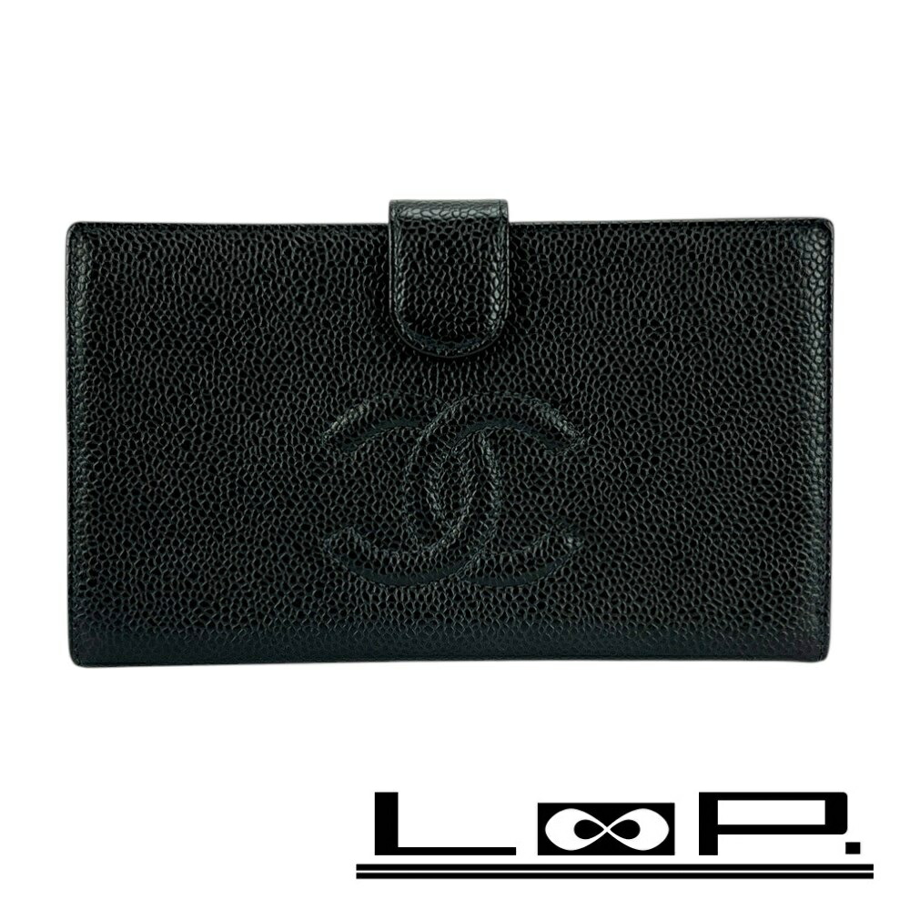 ［美品］CHANEL キャビアスキン ミニウォレット レザー がま口 財布 美品］CHANEL キャビアスキン ココマーク 二つ折り財布 がま口