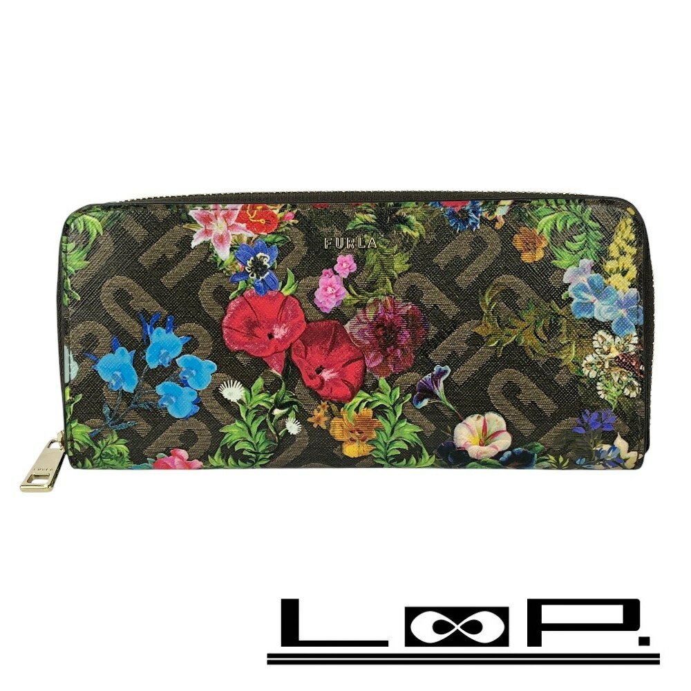 ◆SALE◆ フルラ ■新同■ バビロン ラウンドファスナー 長財布 花柄 レザー ブラウン マルチカラー【415142】8 【中古】