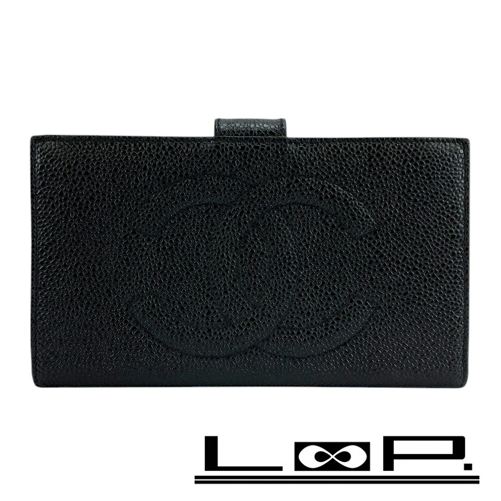美品　CHANEL シャネル　キャビアスキン　長財布　がま口 シャネル CHANEL がま口長財布 キャビアスキン 黒 ブラック 送料