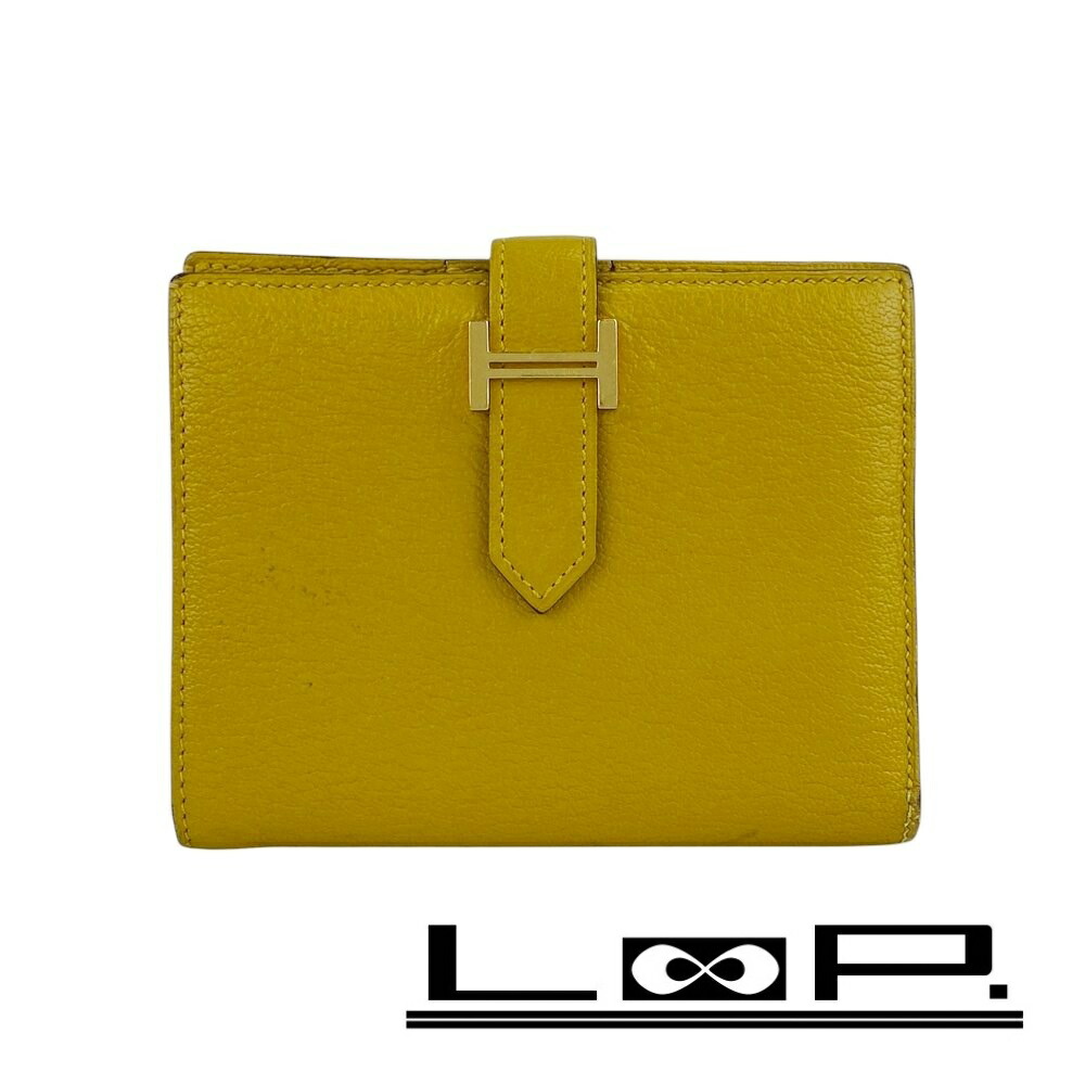 エルメス ■中古■ ベアン コンパクト 二つ折り 財布 ウォレット イエロー シェーブル GP C刻 箱 【593383】11 【中古】
