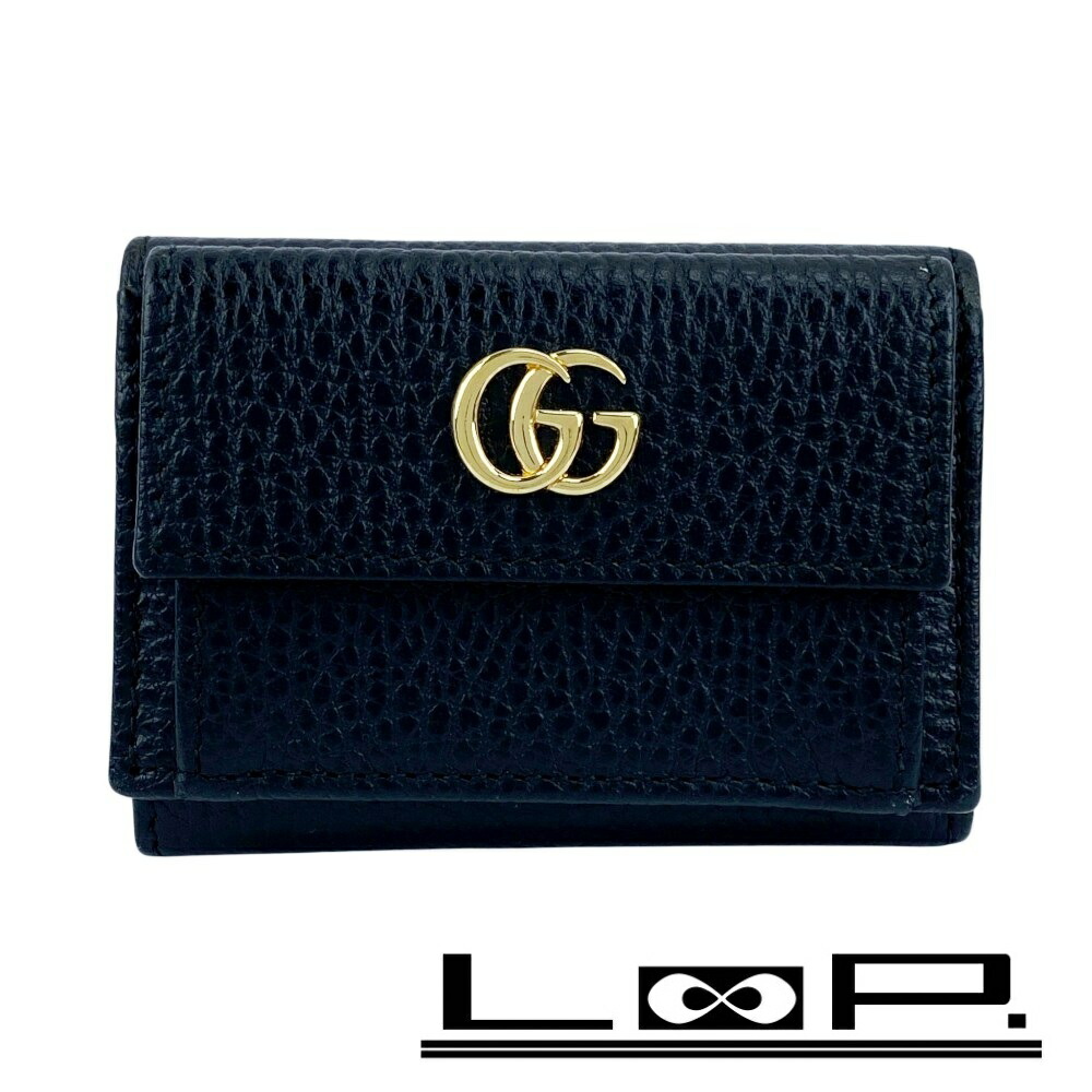 グッチ ■美品■ GGマーモント 三つ折り 紙入れ パウダーコンパクト ウォレット なめし革 黒いこと 【572784】11 【中古】