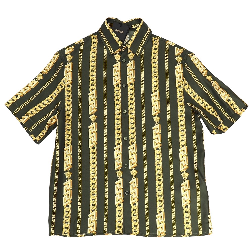 新品 VERSACE グレカチェーンプリント S/S 地絹 プルオーバー 【大きさ：44】 オリーブ/ゴールド 1010103 1A11984 ヴェルサーチ メンズ 5WHC/E07331/LAY30/HM/RR/SYM