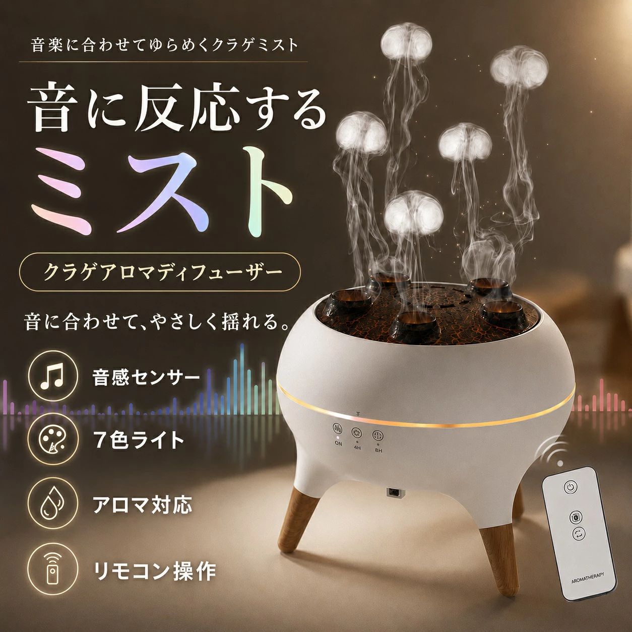 加湿器 卓上 アロマディフューザー クラゲミスト 音感センサー搭載 2種類の噴霧モード 強力直噴 ミスト強力 ミスト 超静音 省エネ 軽量 7色ライト リモコン操作 4H・8Hタイマー 広口給水 お手入れ簡単 寝室 ギフト 誕生日 記念日 おしゃれ ギフト 贈り物｜商品盛りだくさん店