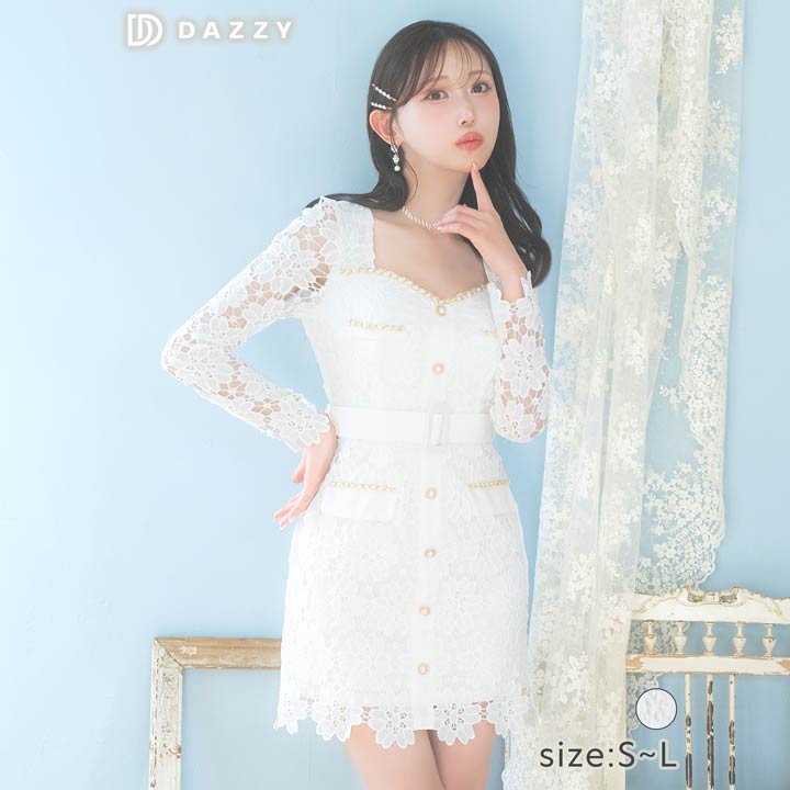 4/7再販!高級総レースパールボタンベルト付きタイトミニドレス[SML/3サイズ展開]