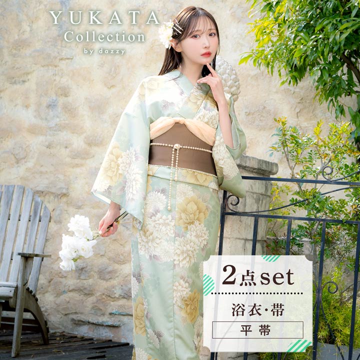 楽天市場】【SUMMER SALE】[2点SET]緑地×レトロ淡薔薇柄浴衣