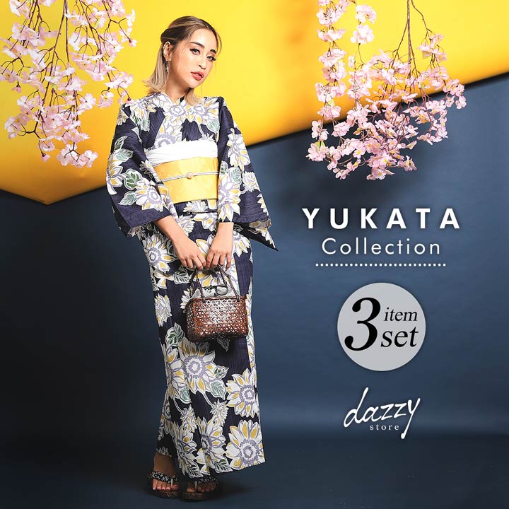 楽天市場 浴衣 セット 紺色 レトロ ひまわり 柄 浴衣 帯 下駄 3点 セット Yukata By Dazzy 浴衣 レディース 浴衣 大人 浴衣 帯 21 新作 浴衣 作り帯 女性用 大人用 和装 和服 和装小物 花柄 フリーサイズ Dazzystore デイジーストア