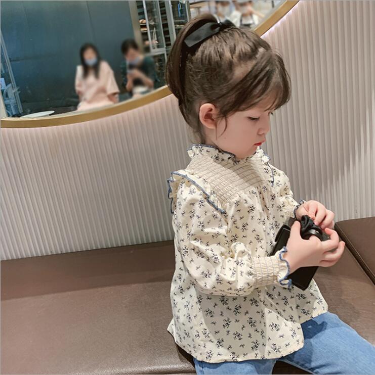 代引可】 綿100%シャーリングフリルブラウス トップス ロングTシャツ ブラウス キッズ 長袖シャツ 子供服 ベビー服 女の子服 90cm おしゃれ  かわいい 花柄 フリル シャーリング mabel.com.ar