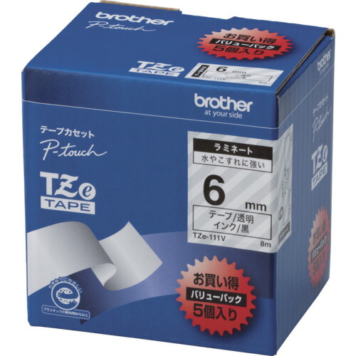 brother Tzeテープ 黒文字/透明テープ/6mm (お徳用パック5個入) [TZE-111V] TZE111V 販売単位：1 送料無料