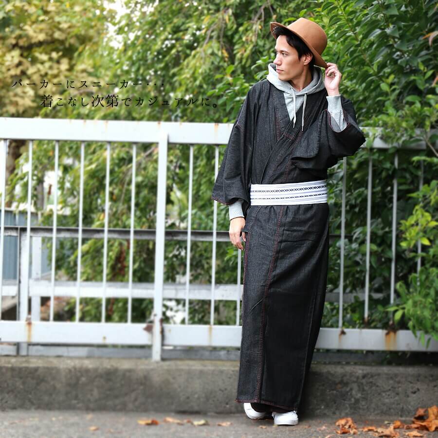 楽天市場 デニム着物 メンズ 着物 単品 メンズデニム着物 デニム 男性用 ｍ ｌ ｌｌ ネイビー 紺 黒 ブラック ブルー 青 アンココン Uncocon