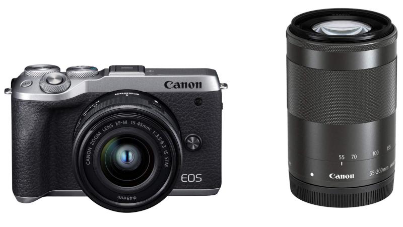 【中古】Canon 鏡鑑受け答え一眼写真機 EOS M6 Mark II ダブルズームキット しろがね色 EOSM6MK2SL-WZK当店引きうける30昼日なか 一般受けひな形 高画質 売れ筋