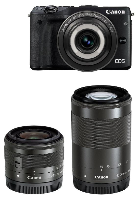 【中古】Canon 鏡鑑受け答え一眼写真機 EOS M3(黒いこと)・創作的マクロ命令 トリプルレンズキット EOSM3BK-CMTLK当店引きうける30昼日なか 一般受けひな形 高画質 売れ筋