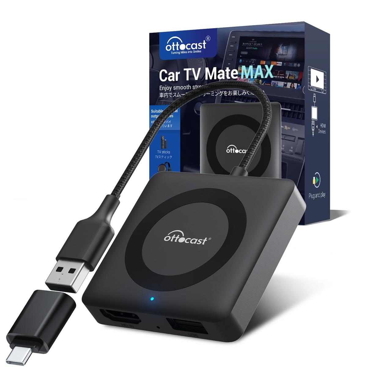 オットキャスト カーテレビメイトマックスアダプターCar TV Mate Max carplay youtube再生アダプター hdmi入力 カープレイワイヤレス化 Andorid Auto無線接続 ファイアースティックtv/地デジチューナを接続 車内カーナビで動画配信再生 多機能マルチメディ|Love Lone Star