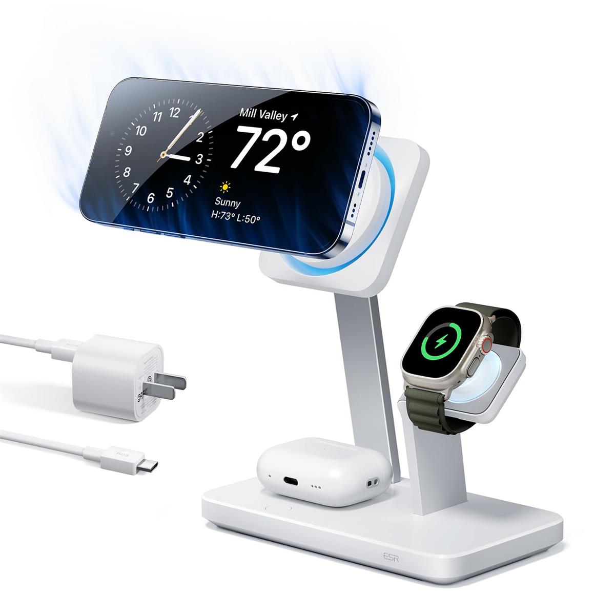 ESR 25W 3インチ1 MagSafe申し受ける器 Apple御墨付き磁気無線電話申し受ける器 CryoBoost冷やかす気違い付き添い人 申し受ける照明ランプ iPhone 15/14/13/12/AppleWatch/AirPods Pro/3用 弾丸道路MagSafe申し受けるステイション スマホ冷やかす申し受ける器 白いこと