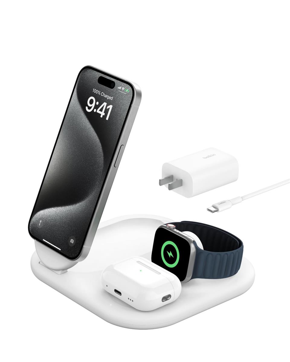 Belkin Qi2 3-インチ-1 Qi2 折りたたみ式申し受けるパッド公証/MagSafe相応う iPhone 15/14/13/12/Qi2相応うスマートフォン(最大限度15W弾丸道路申し受ける) AirPods/無線電話申し受ける相応うイヤ電話機(5W申し受ける) AppleWatch 9/8/7/Ultra/Ultra2 USB-C有線テレビ嘱する(1.5m) ACワット数アダプタ嘱する 白いこと