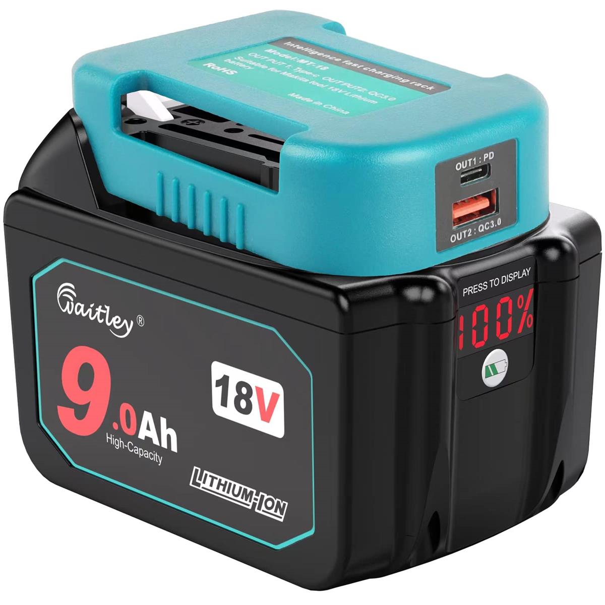 Waitleyマキタ18v乾電池 USB申し受けるアダプタ付き添い人 BL1890B大静電容量9000mAh 緑LEDデジタル％残量書きあらわす マキタ取り替えっこBL1830B BL1860Bイオンバッテリーマキタ18v36v電動物の具用 年長命独居室積み上げる PSE見澄ます取済