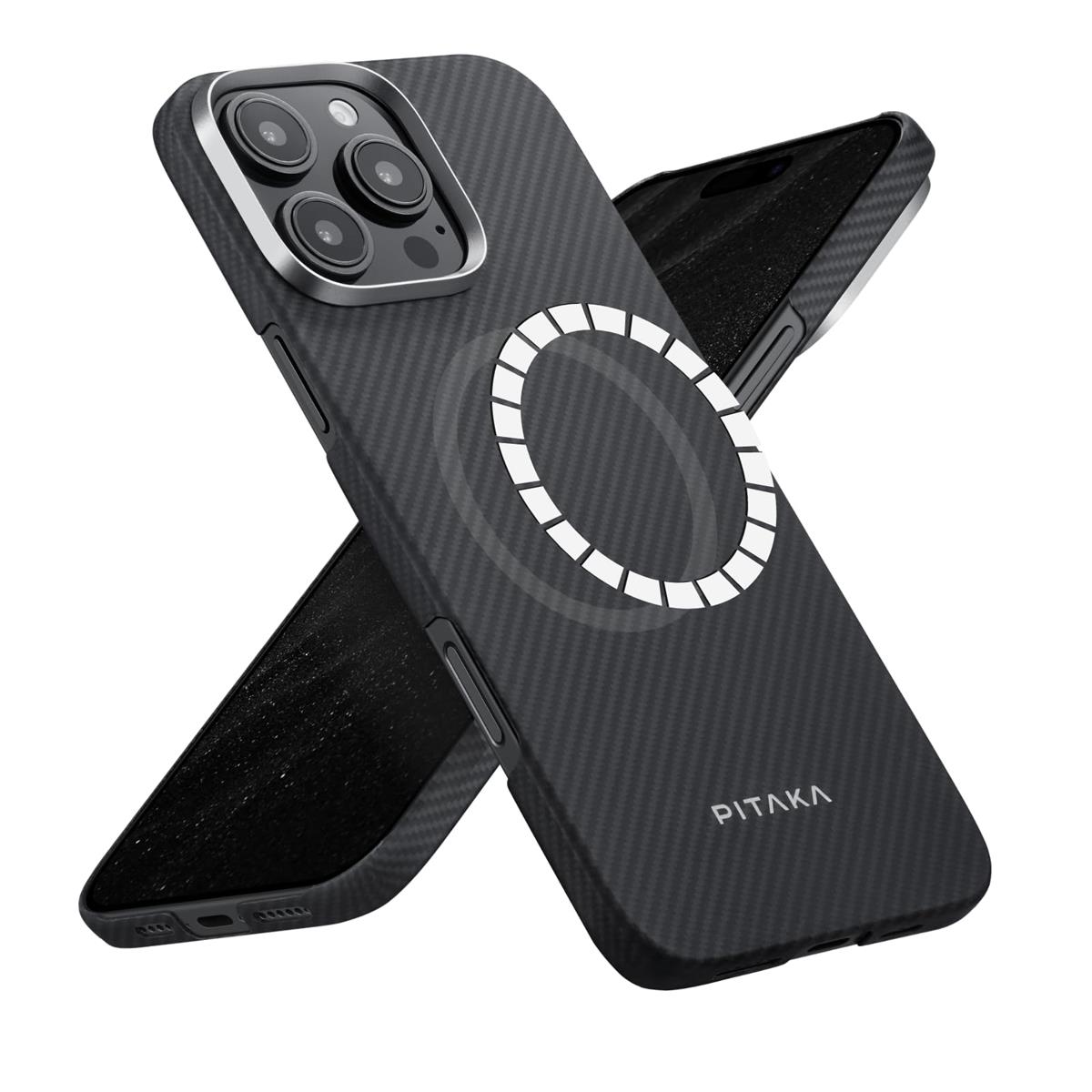 「PITAKA」 iPhone16 Pro Max用容れもの 極薄 アラミド衣料繊維製 MagSafe相応う 超極薄・超軽さ 炭素風 無線電話申し受ける相応う（600D 黒/薄墨色）