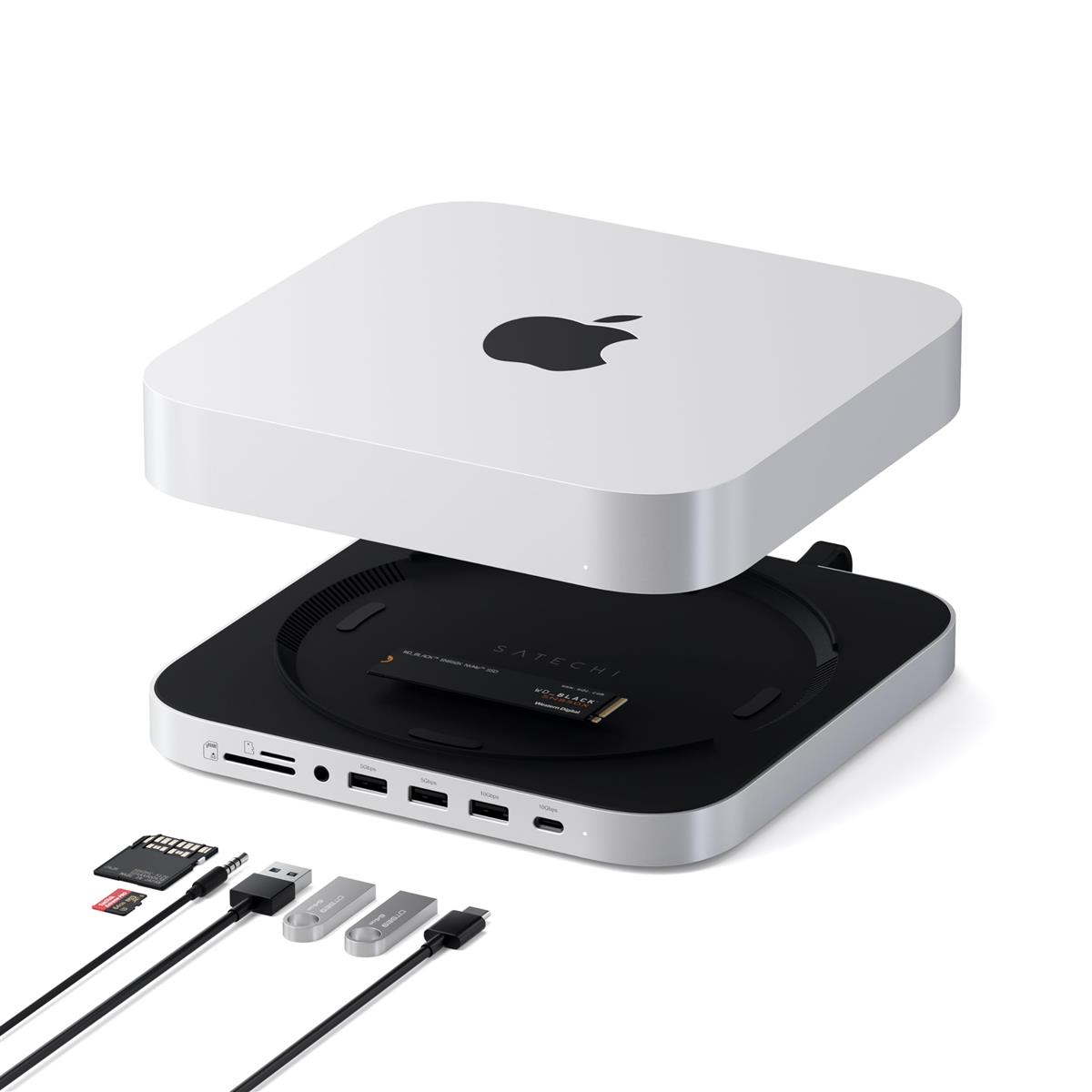 SATECHI Mac Mini 縛ステイション こしき \u0026 照明ランプ NVME/SATA M.2用SSDエンクロージャー USB C 10Gbps USB A 3界面 5/10Gbps高速道路資料移らす 2.0オーディオ万力積み上げる Mac Studio Mac Mini M2/M1 相応う (M4非相応う) (しろがね色)