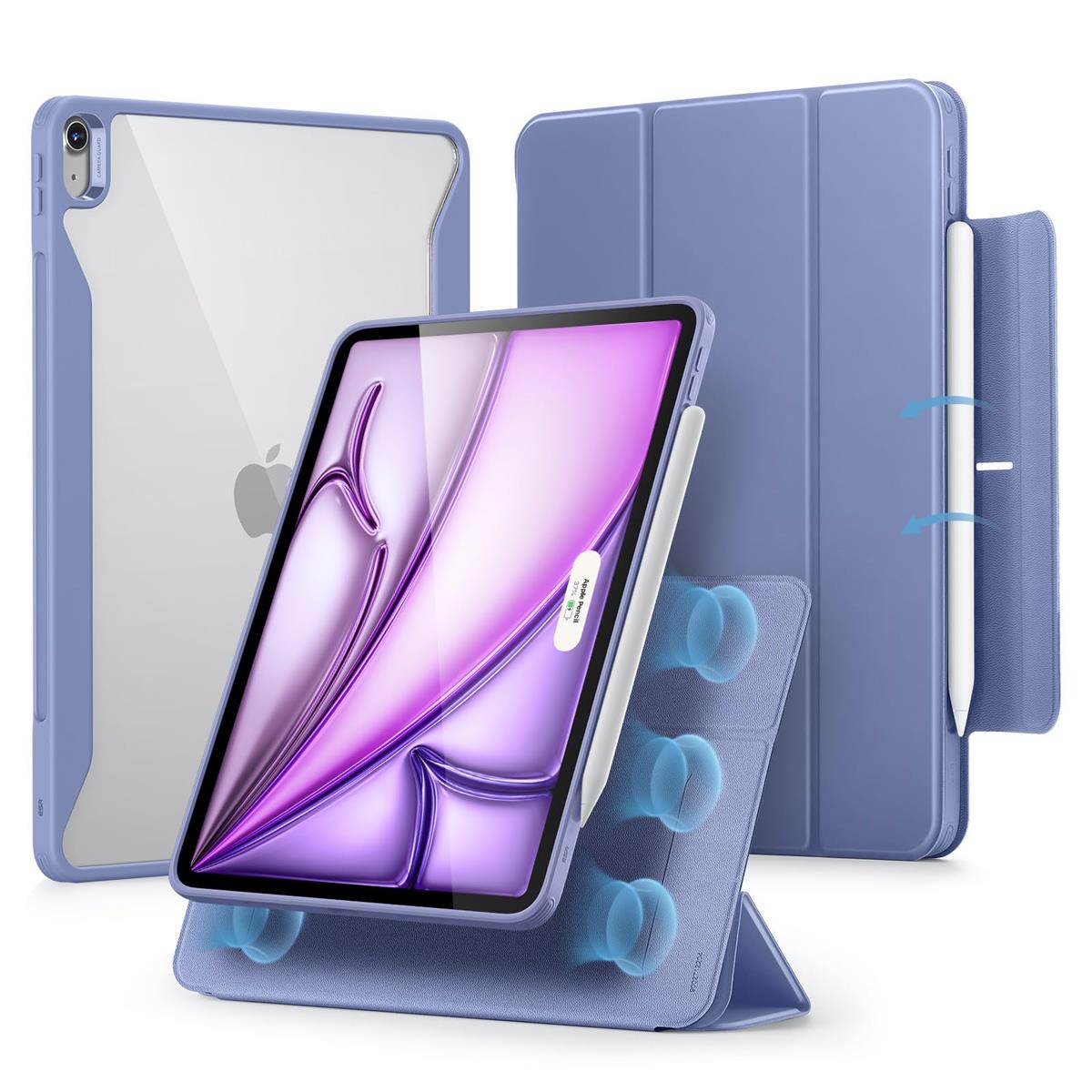 ESR iPad Air 13in 入れもの (M4/M3/M2、2026/2025/2024) 専用 取りはらい能力のある磁石押しかぶせる 縦/横向き照明ランプ 黒いこと Pencil Pro/USB-C完膚なきまで相応う 自動小銃ウェイク/静止状態 パープル