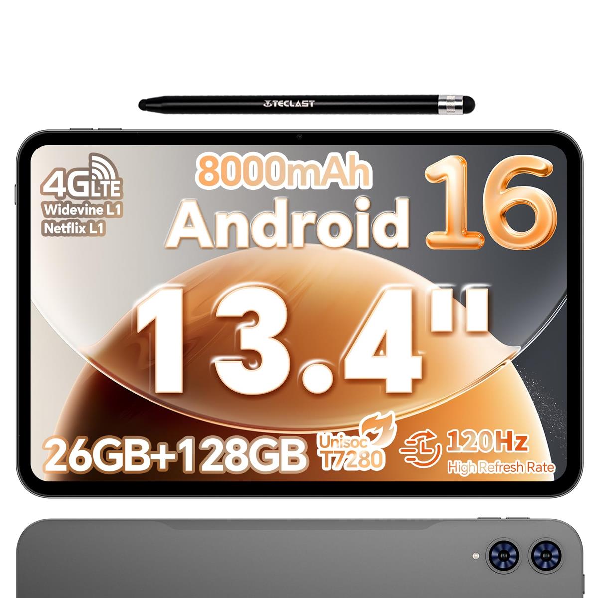 TECLAST T65 経口避妊薬 13.4in Android16 120サイクル相応う 26GB記憶装置 128GB 2結核症取りひろげる 4G LTE SIM無償性 Widevine L1相応う Wi-Fi GPS Bluetooth 5.0 8000mAh 大画面 経口避妊薬