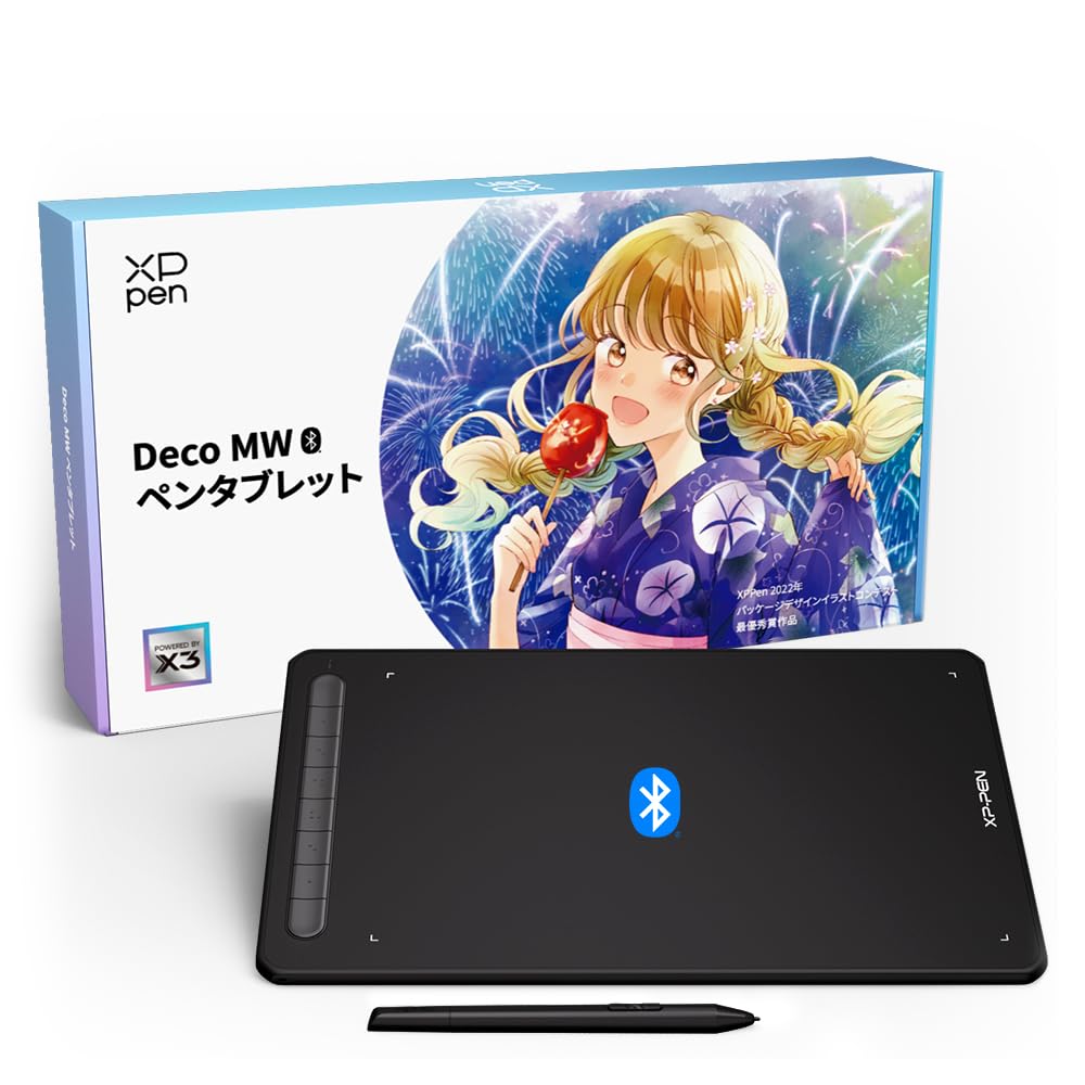 ペンタブ Bluetooth ワイヤレス接続 8x5インチ X3ペン 傾き検知 ペンタブレット 板タブ スマホ対応 イラスト テレワーク お絵描ソフト付 iPhoneのibisPaint Android Windows Mac Chromebookに対応 Deco MW イラコン記念版 ブラック｜Love Lone Star