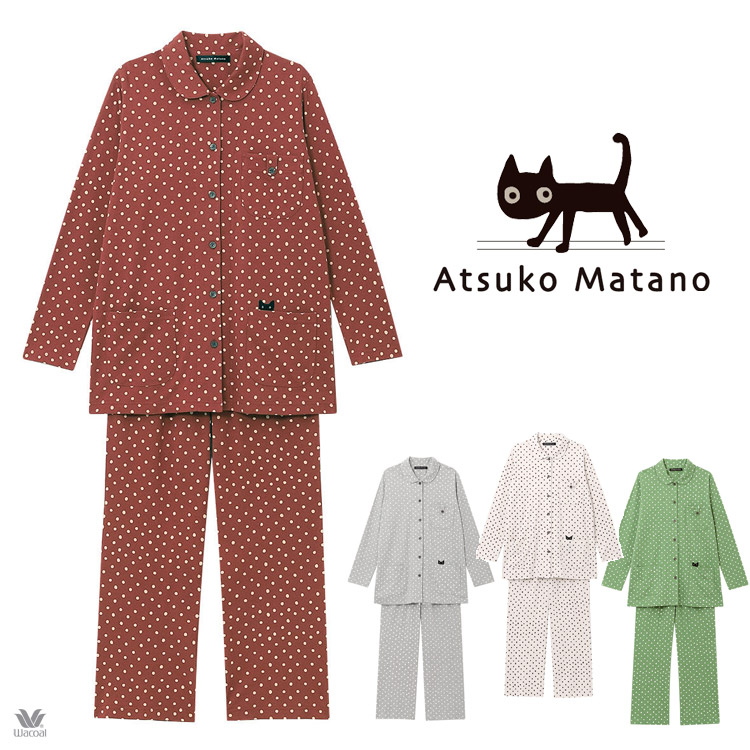 LLサイズ ワコール マタノアツコ パジャマ ATSUKO MATANO ドット ネコ 長袖 綿100％ 前開き 赤 パジャマ 大きいサイズ |  ラブリードール ランジェリー