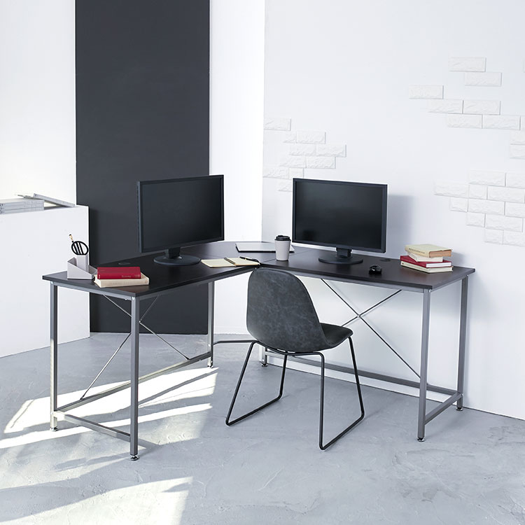 Wooden 156cm In Width Brown Desk Pc Learning Work Corner With The Footwear Free Design Steel Leg Cord Hole Having L Shaped