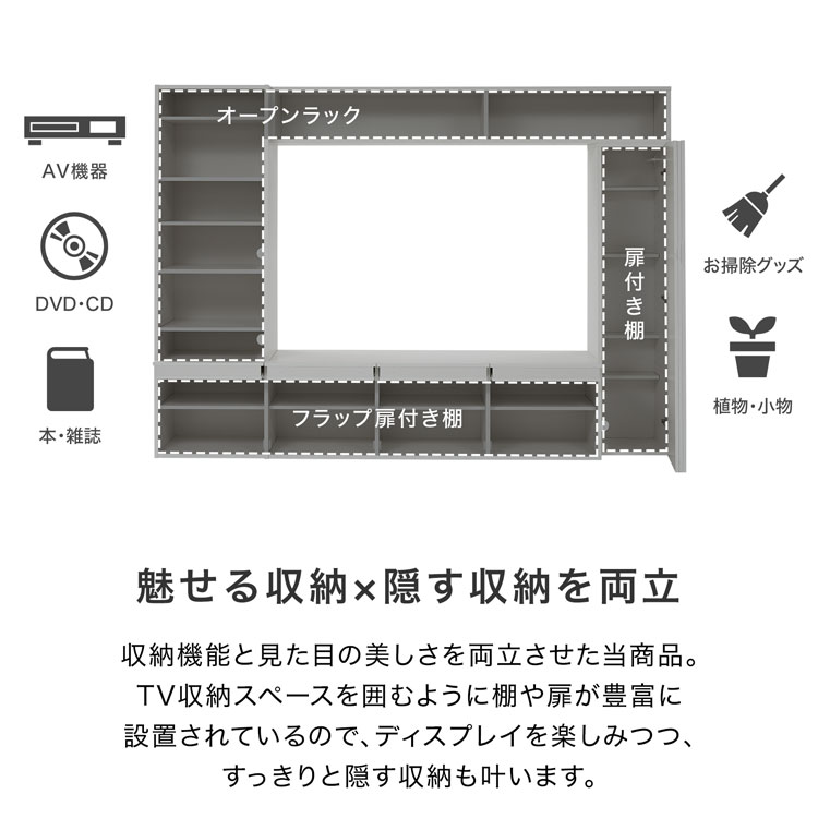 魅せる収納×隠す収納を両立。
収納機能と見た目の美しさを両立させた当商品。
TV収納スペースを囲むように棚や扉が豊富に設置されているので、ディスプレイを楽しみつつ、すっきりと隠す収納もかないます。