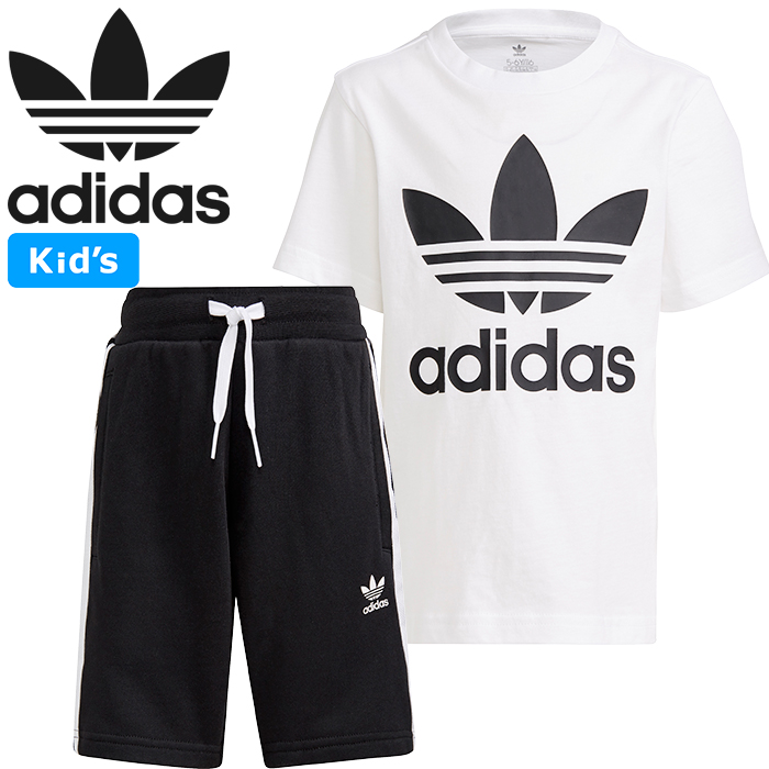 アディダス オリジナルス Adidas Originals Gp0194 Kids Trefoil Shorts Tee Set キッズ トレフォイル ショーツ Tシャツ セット スーツ 3ストライプ セットアップ 上下セット 三つ葉 スポーツ 男の子 女の子 子供服 100 130cm ホワイト ブラック 国内正規 21ss 21年春