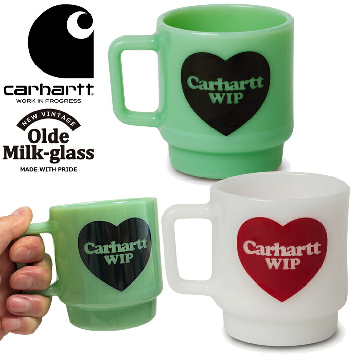 鉄道車両ハート型WIP×年寄りの牛乳硝子 Carhartt WIP×Olde Milk-glass I035873 ハートグラスマグ Heart Glass Mug コップ 280ml 水呑み 細工物 はたご屋 前進運動 メンズ レディース 手作り 食器 雑貨 日本製 2色合い 国内置き目 2025AW