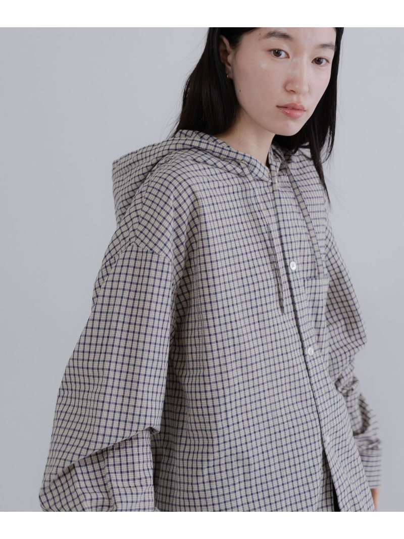 【LFM(U)】フーディーチェックシャツ【UNISEX】 LOWRYS FARM ローリーズファーム トップス シャツ・ブラウス グレー ベージュ【先行予約】*【送料無料】[ Fashion]