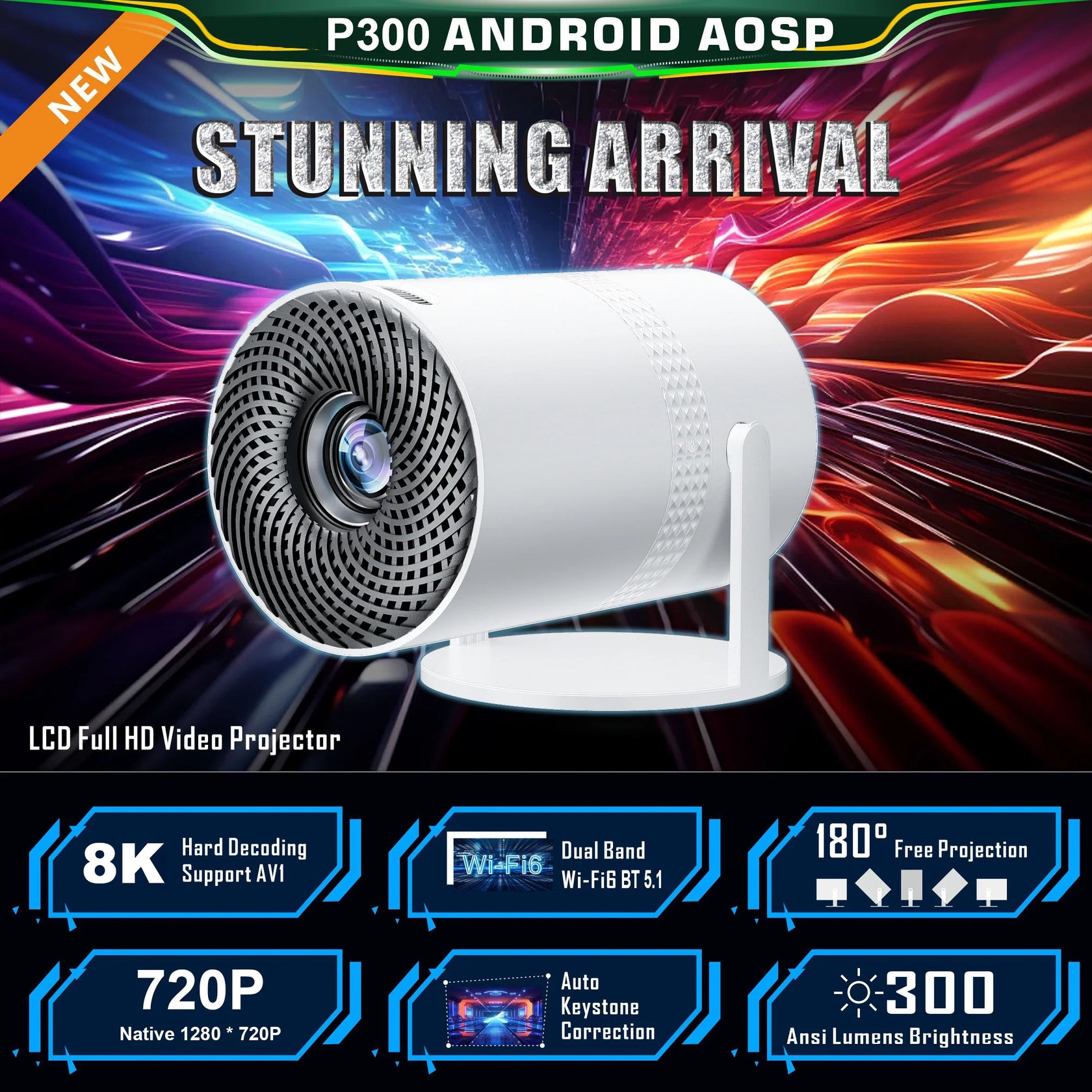ポータブルプロジェクター P300 Mini Projector 4K 8K対応 Android 11 スマートプロジェクター Wi-Fi Bluetooth 5.1 小型 軽量 ホームシアター 映画鑑賞 プレゼンテーション 自動台形補正 多機能プロジェクター 家庭用プロジェクター 高輝度 低ノイズ HDMI USB対応｜L&rsquo;s Shop Online