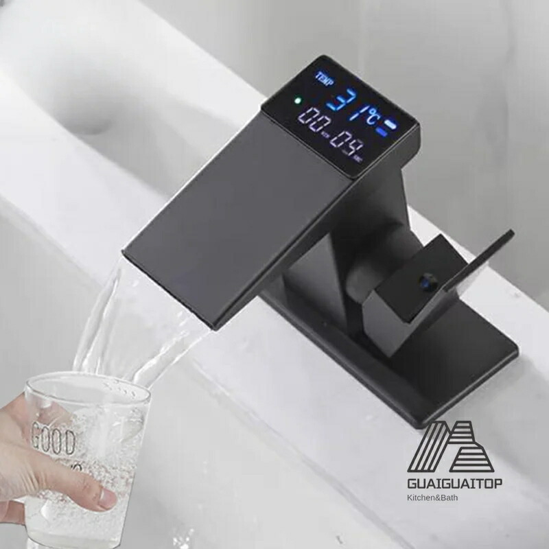 LEDカスケード水道の栓,温水と冷水,バスルームデッキミキサー,デジタル見せびらかす,シンクミキサー,洗面台