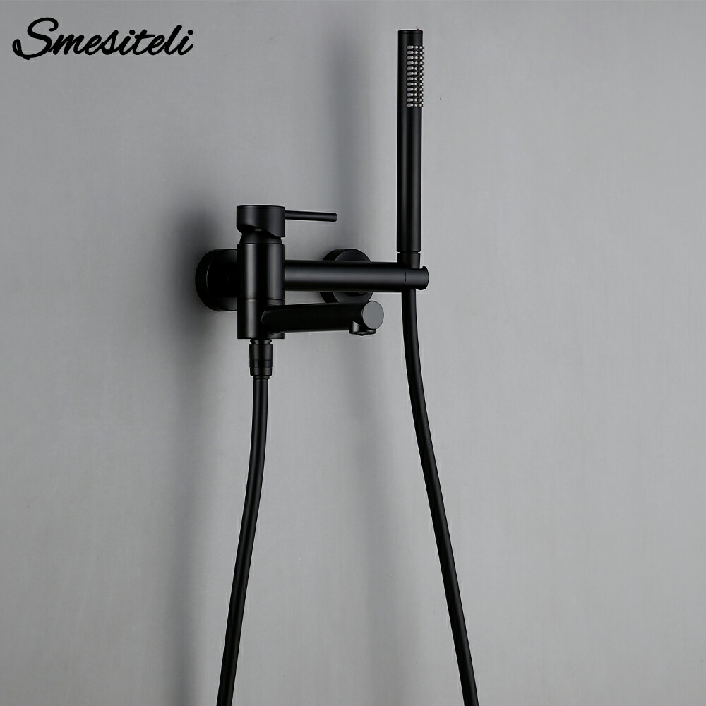Smesiteli-ハンドシャワー用スプリンクラーホルダー,ブラック,バスルーム用シングルハンドル一体型ダブルホール蛇口セット