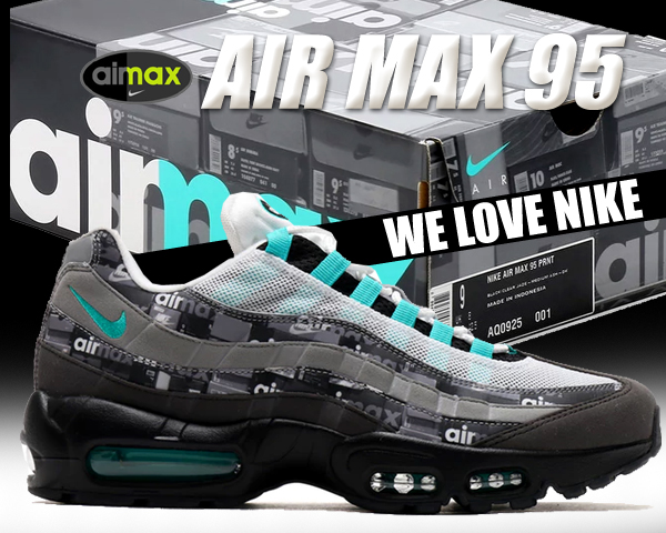 お得な割引クーポン発行中!!NIKE AIR MAX 95 PRNT &quot;WE LOVE NIKE&quot;  black/clear jade-midium ash-dk【スニーカー メンズ we love nike シューズボックス ジェイド】