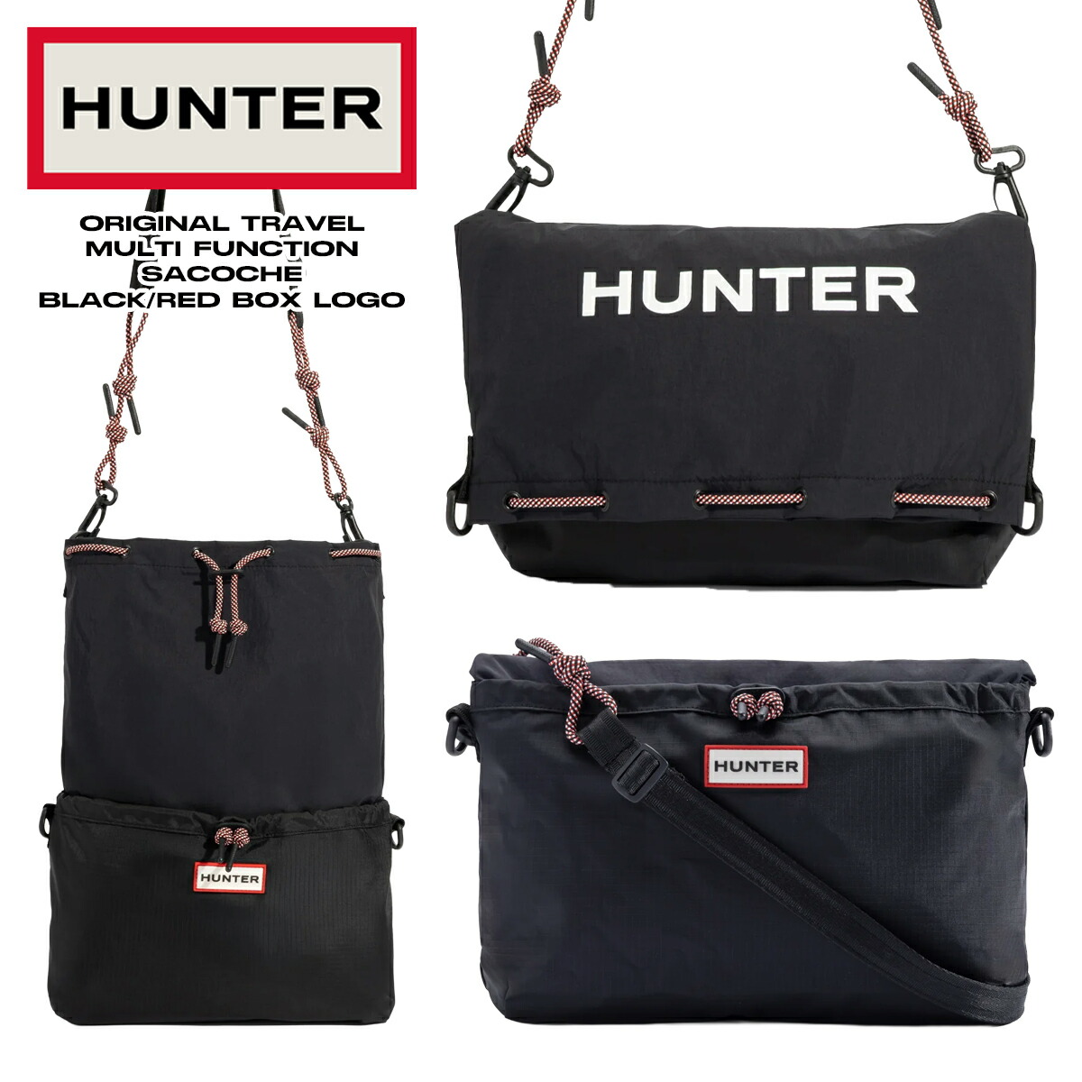 [ ポイントUP & 最大2000円OFFクーポン ] 【ハンター オリジナル トラベル マルチファンクション サコッシュ ブラック レッドボックスロゴ】HUNTER ORIGINAL TRAVEL MULTI FUNCTION SACOCHE BLACK/RED BOX LOGO ubx7124nrs-rbo