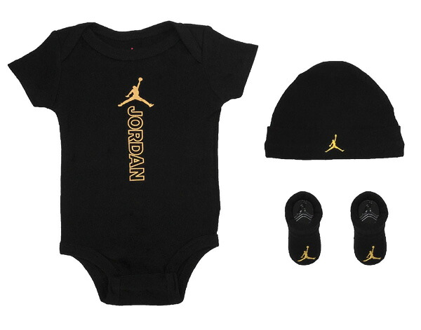 [ ポイントUP & 最大2000円OFFクーポン ] 【ナイキ ジョーダン スリーピースセット】NIKE JORDAN 3-PIECE SET HAT/BODYSUIT/BOOTIES nj0559-023 ブラック ゴールド ベビー ギフト 0～6ヵ月 インファント 海外限定 ロンパース ソックス ビーニー