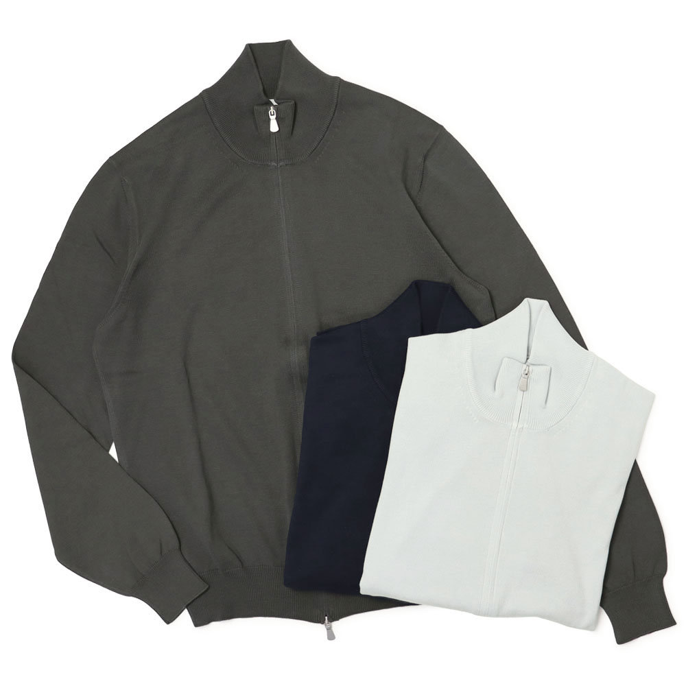 グランサッソ / GRANSASSO / ダブル ZIP スタンドカラー ニット ブルゾン / 12G ソフトコットン / 55111-18190 【050.アイスグレー / 598.ネイビー / 095.グレー】
