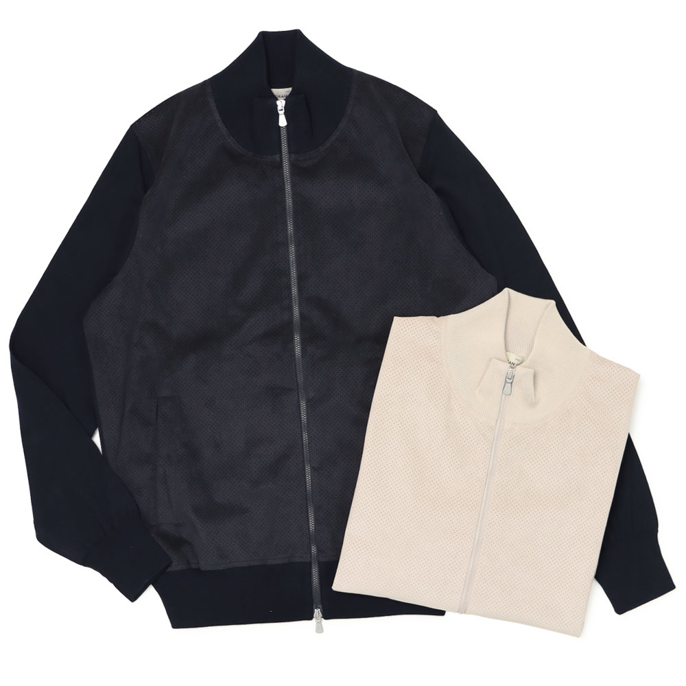 グランサッソ / GRANSASSO / スタンド ZIP ブルゾン / オーガニックコットンニット × パンチングアルカンターラ / 57139-18044【012.ベージュ / 598.ネイビー】
