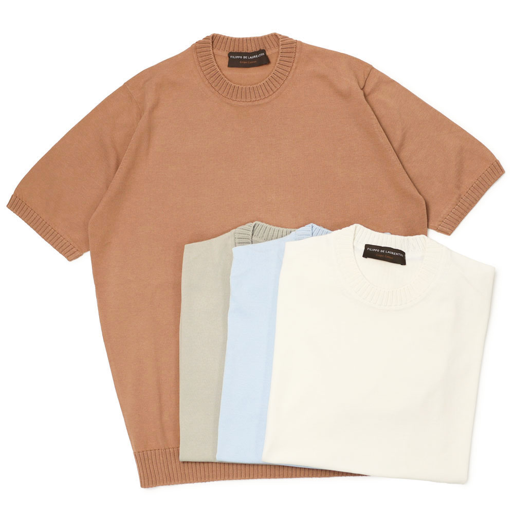 フィリッポ デ ローレンティス / FILIPPO DE LAURENTIIS / 編み物 半袖プルオーバー / クレープコットンニット / crepe cotton /  労働者の一団のど頚 / GC3MC20【全４色】