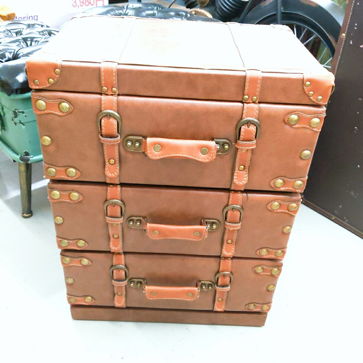 【中古品】ビンテージ風 チェスト3段 ブラウン〇YR-52881〇