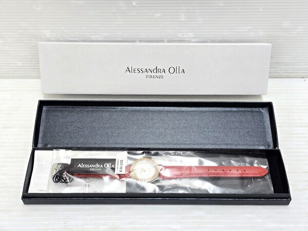 【中古未使用品】 アレサンドラオーラ Alessandra Olla クォーツ 腕時計 レディース AO-1750 本革ベルト シェル文字盤 レッド 〇YR-19771〇
