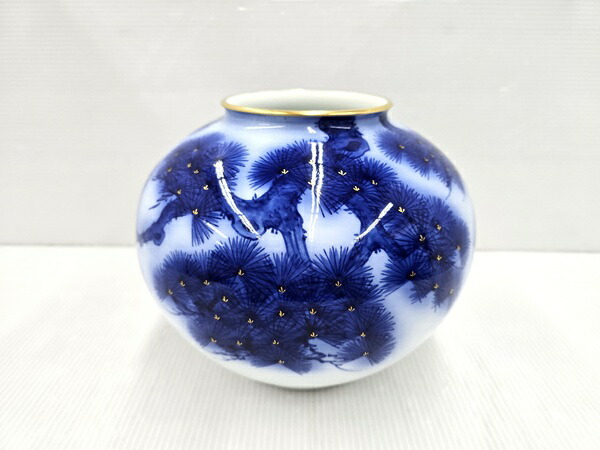 【中古品】 香蘭社 染錦飾り付け 老松文 花立て 松 金彩 ○YR-19873○ インテリア・寝具・収納-花瓶-インテリア小物・置物