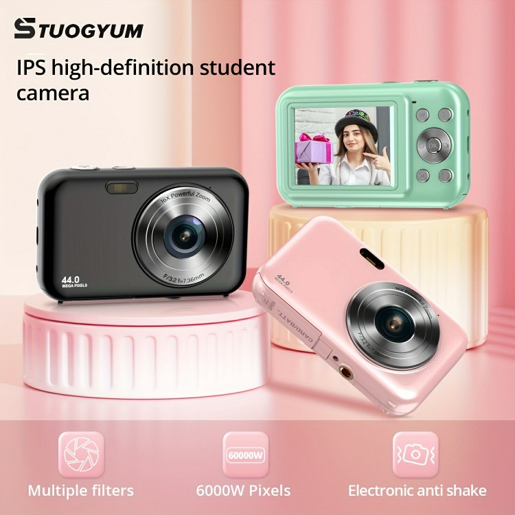 デジタル写真機 学習者高こと細かデジタルカメラコンパクトカメラFHD 1080P 44MP 16Xデジタル望遠レンズ 赤ちゃん写真機 学 未経験者 6X望遠レンズ付き添い人Vlogging写真機2.4inスクリーンミニカメラ