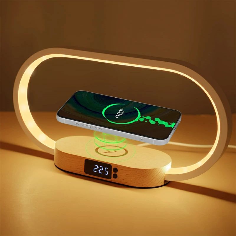 ワイヤレス充電器 ワイヤレスチャージャー ルームライト 無線充電 LED照明 USB給電 タッチセンサーライト 電球色 昼白色 温白色 無段階調光機能 スマホ ワイヤレス充電 置くだけ ライト 卓上 照明 調光 間接照明 おしゃれ 木目調 インテリア 時計機能