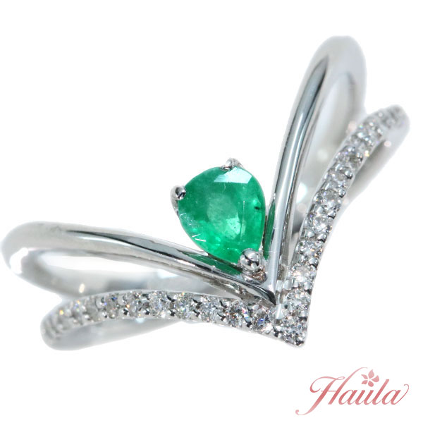 【最大30％OFF＆店内ポイント2倍中】エメラルド リング/指輪 0.260カラット プラチナ900 PT900 ペアシェイプカット 二重V字ライン /緑(グリーン)/セレクトブランド・新品/届10/1点もの｜LuckJewel　ラックジュエル